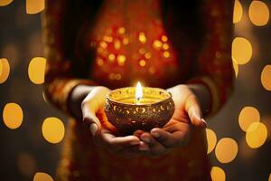 AI generated Beautiful hands holding Diwali lamps traditionally. AI Generated. photo