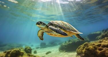 AI generated Photo of Sea turtle in the Galapagos island. Generative AI