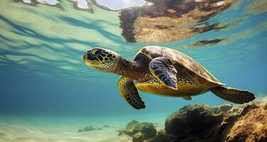 AI generated Photo of Sea turtle in the Galapagos island. Generative AI