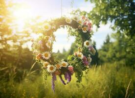 AI generated Rustic wildflowers wreath on a sunny meadow. Summer Solstice Day, Midsummer concept. Generative AI photo