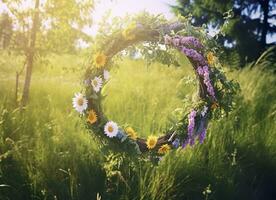 AI generated Rustic wildflowers wreath on a sunny meadow. Summer Solstice Day, Midsummer concept. Generative AI photo