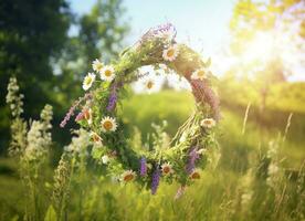 AI generated Rustic wildflowers wreath on a sunny meadow. Summer Solstice Day, Midsummer concept. Generative AI photo