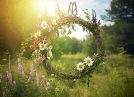 AI generated Rustic wildflowers wreath on a sunny meadow. Summer Solstice Day, Midsummer concept. Generative AI photo