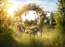 AI generated Rustic wildflowers wreath on a sunny meadow. Summer Solstice Day, Midsummer concept. Generative AI photo