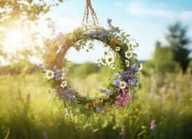 AI generated Rustic wildflowers wreath on a sunny meadow. Summer Solstice Day, Midsummer concept. Generative AI photo