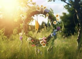 AI generated Rustic wildflowers wreath on a sunny meadow. Summer Solstice Day, Midsummer concept. Generative AI photo