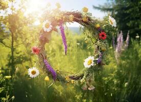 AI generated Rustic wildflowers wreath on a sunny meadow. Summer Solstice Day, Midsummer concept. Generative AI photo