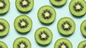 AI generated Slices of kiwi fruit and green mint leaves on a light pastel blue background. AI Generated photo