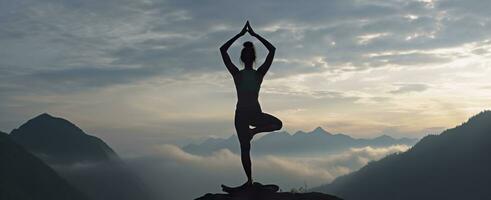 AI generated silhouette of a woman practicing yoga in the summit with mountain Background. AI Generated photo