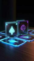 AI generated Some playing cards with glowing neon designs on a tablet. Generative AI photo