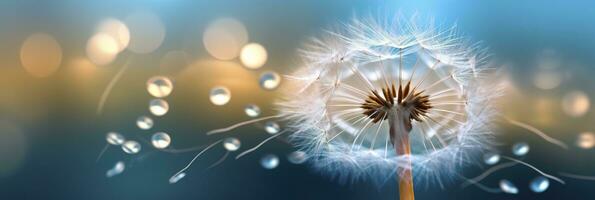 AI generated Abstract blurred nature background dandelion seeds parachute. Bokeh pattern. Generative AI photo