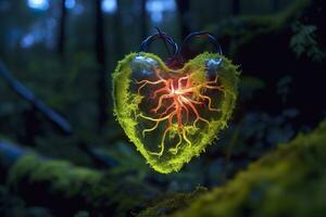 ai generado brillante bioluminiscente planta conformado me gusta un humano corazón, en un misterioso bosque. generativo ai foto