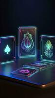 AI generated Some playing cards with glowing neon designs on a tablet. Generative AI photo