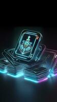 AI generated Some playing cards with glowing neon designs on a tablet. Generative AI photo