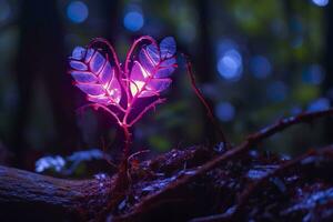 ai generado brillante bioluminiscente planta conformado me gusta un humano corazón, en un misterioso bosque. generativo ai foto