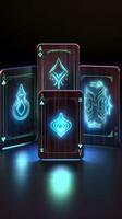 AI generated Some playing cards with glowing neon designs on a tablet. Generative AI photo