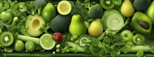 AI generated Banner layout of green fruits and vegetables. Generative AI. photo