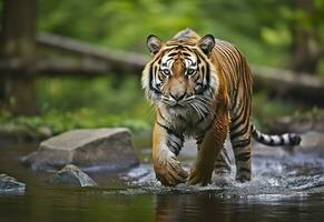 AI generated Amur tiger walking in the water. Dangerous animal.  Animal in a green forest stream. Generative AI photo