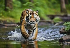 AI generated Amur tiger walking in the water. Dangerous animal.  Animal in a green forest stream. Generative AI photo