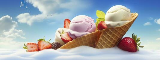 AI generated Banner with ice cream in a waffle cone on a summer day. Generative AI. photo