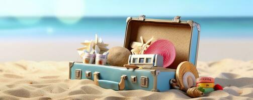 AI generated Beach Preparation, Accessories In Suitcase On Sand. Generative AI photo