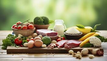 AI generated Closeup of vegetables, fruits, and meat on wooden table over green natural background. Generative AI photo