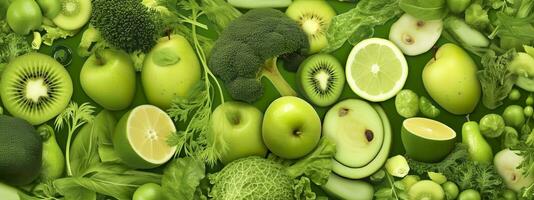 AI generated Banner layout of green fruits and vegetables. Generative AI. photo