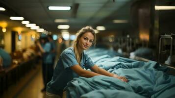 AI generated Woman working in hospital laundry room. Nurse taking clean sheets. photo