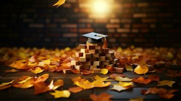 AI generated Graduation cap and stack of wooden blocks on a background of autumn leaves. photo