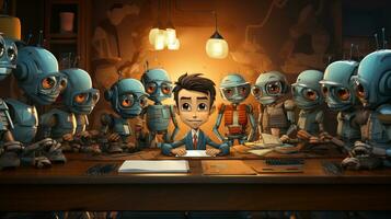 AI generated Cartoon illustration office worker with group of robots sitting at a table. photo