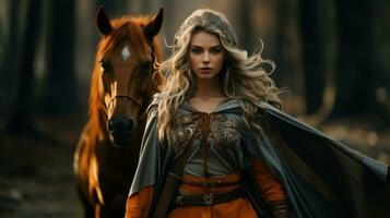 ai generado hermosa niña en un medieval disfraz con un caballo en el bosque. antiguo leyendas el majestuoso mujer guerrero. foto