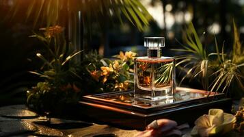 AI generated Bottle of perfume on a wooden tray in the garden at sunset. Empty label for branding mockup. photo