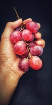 Man holding a sprig of grapes was photographed with the concept of giving a light effect to the grapes photo