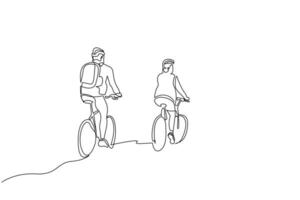 antiguo Pareja juntos bicicleta naturaleza actividad casco mochila paseo estilo de vida línea Arte diseño vector