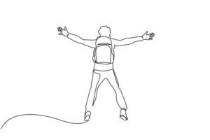 young male person backpack nature jumping rejoicing back view lifestyle line art design vector