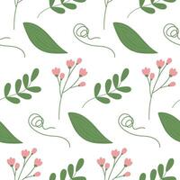Seamless pattern of flowering twigs, spathiphyllum leaf, curl branch and leaf with small leaves vector