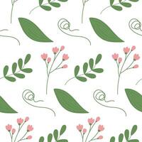 Seamless pattern of flowering twigs, spathiphyllum leaf, curl branch and leaf with small leaves vector