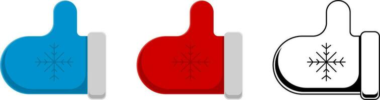 Vector icons. Winter mittens showing like. Gloves with thumbs up. Blue, red, outline. gloves with the image of snowflakes.