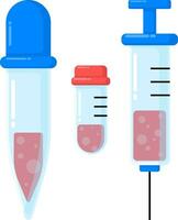 Vector illustration of a blood test in cartoon style. Illustration of a syringe with blood, test tubes with blood and pipettes with blood.