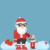 Vector illustration in cartoon style. Stylish Santa Claus and a snowman against the backdrop of snowdrifts with scattered gifts and the bag from which they fell.