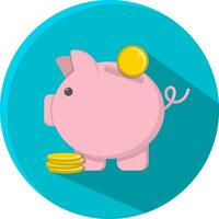 Vector image. Pink piggy bank with coins. Round blue background.