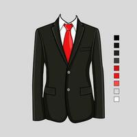 Black suit with red tie, and color chart, Men's business suit. Collection. Vector illustration