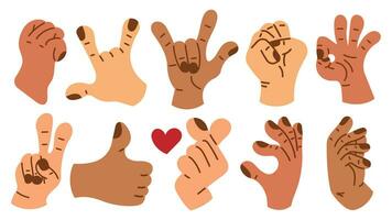 Collection of gesture signs from human hands. A set of fingers showing emotions and directions. gesture finger in flat design. communication expressions with hand sign in trendy style. vector icon