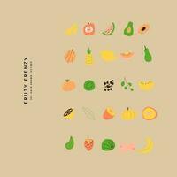 Fruit collection in flat hand drawn style, illustrations set. Tropical fruit and graphic design elements. Ingredients color cliparts. Sketch style smoothie or juice ingredients. vector