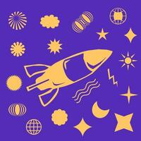 rocket illustration with several supporting elements to create a logo with a retro theme vector