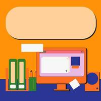 Computer desk workplace concept, flat design vector illustration in retro colors