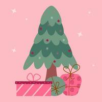 Navidad tarjeta con abeto árbol y regalos en rosado antecedentes vector