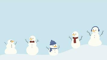 Set of snowmen in a scarf and hat. Happy winter holiday concept. Isolated on blue background vector