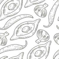 Georgian food vector seamless pattern with dishes of Georgian cuisine. Line art, sketch style. Khachapuri, khinkali and pepper.