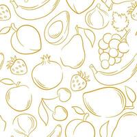 Fruits seamless pattern background in line art style. Strawberry, grapes, banana, avocado, pomegranate, cherry, pear, peach. Hand drawn vector illustration.